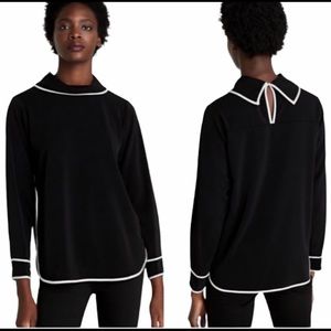 ZARA Black Rolled Neck Top with White Piping Trim XS